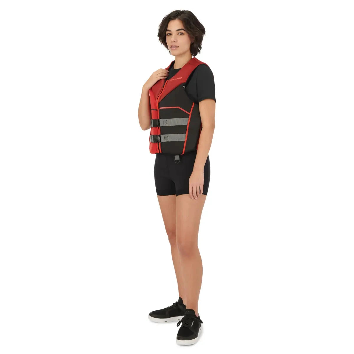 Sea-Doo Freedom PFD Lava Red life jacket with gray adjustable straps