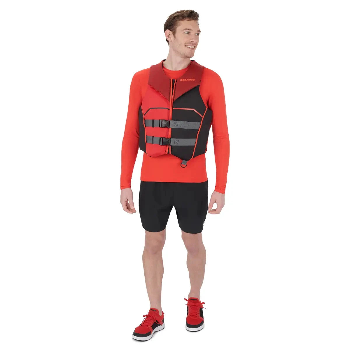 Sea-Doo Freedom PFD Lava Red life jacket with gray straps