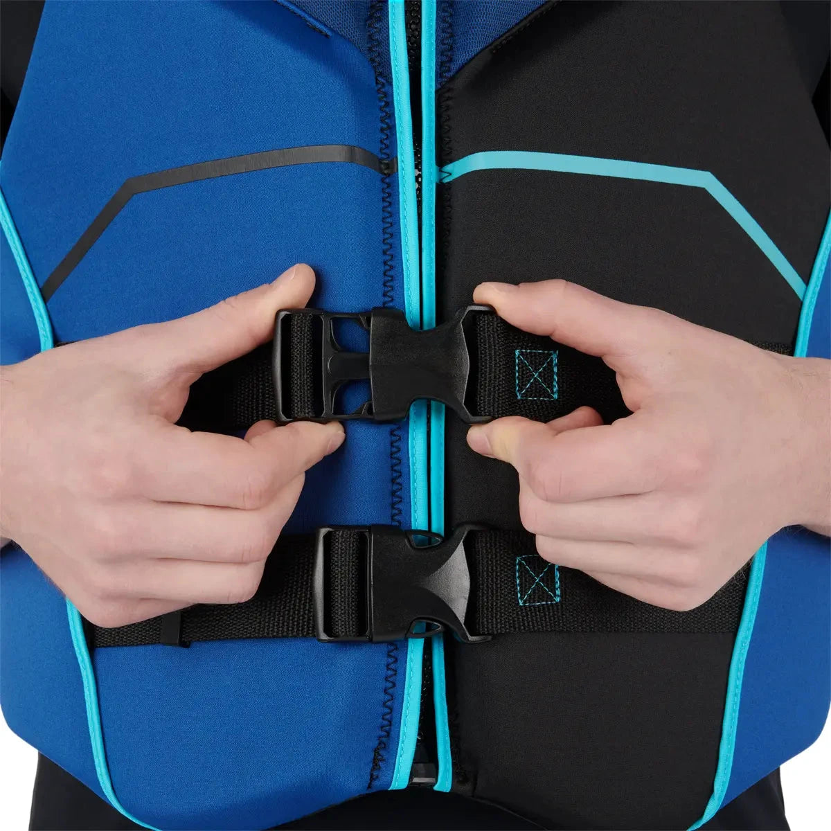 Sea-Doo Freedom PFD Blue life jacket with blue/black panels and turquoise trim, secured with dual buckles.