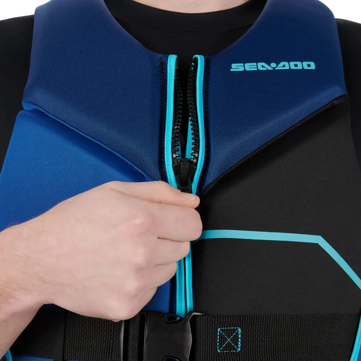 Sea-Doo Freedom PFD Blue life jacket with turquoise zipper accents