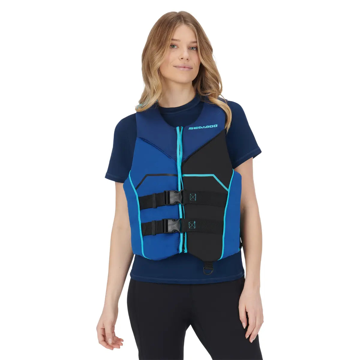 Sea-Doo Freedom PFD Blue life jacket with black panels and teal piping, adjustable straps