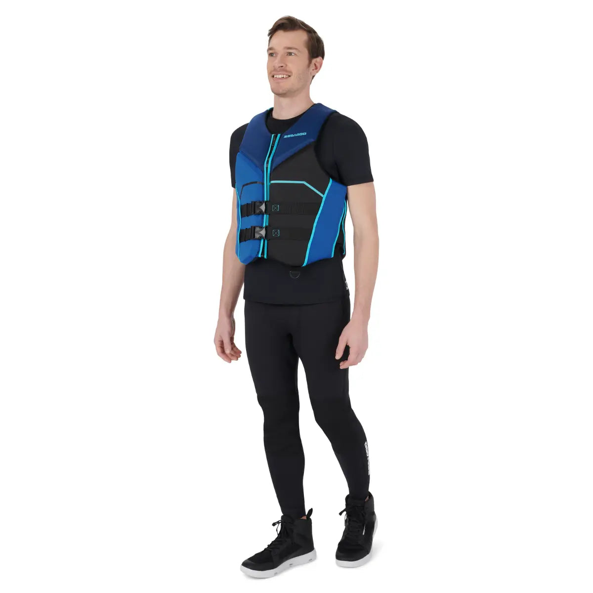 Sea-Doo Freedom PFD blue life jacket with black panels and dual front buckles