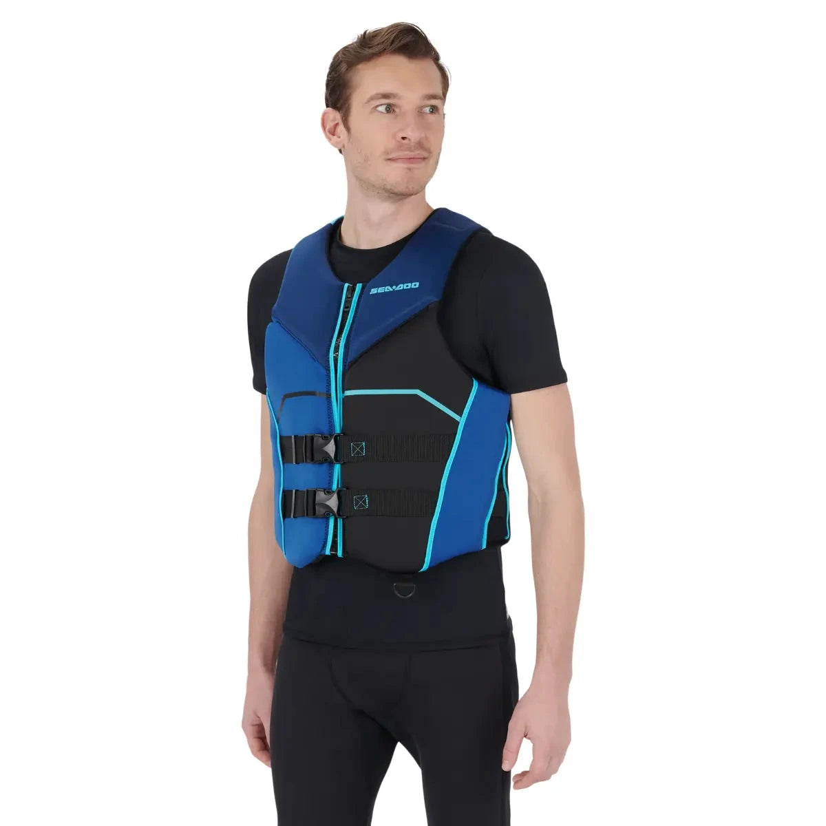 Sea-Doo Freedom PFD Blue life jacket with teal trim, front zipper, dual buckles for secure fit and quick adjustment
