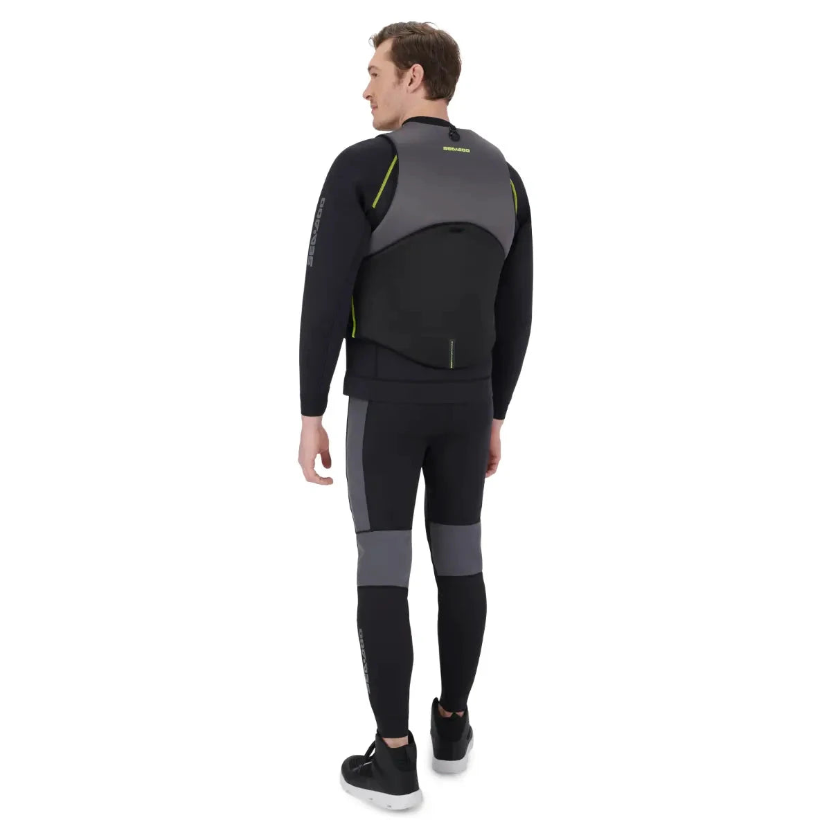 Sea-Doo Freedom PFD Black life jacket by BRP; gray back panel with lime trim.