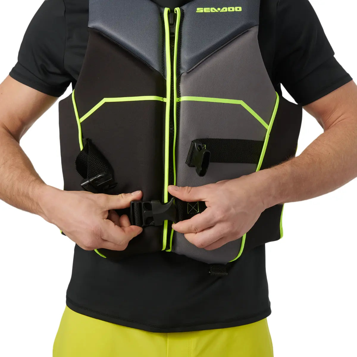 Sea-Doo Freedom PFD Black life jacket with neon lime piping, front zipper, and side-release buckles