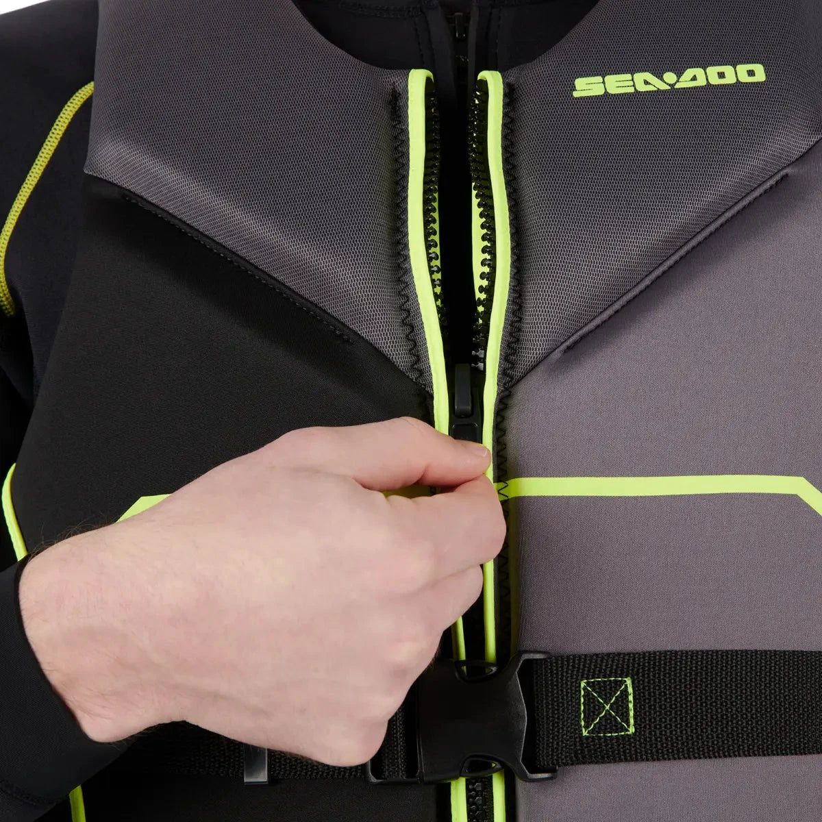 Sea-Doo Freedom PFD Life Jacket in black with neon lime zipper trim and visible branding
