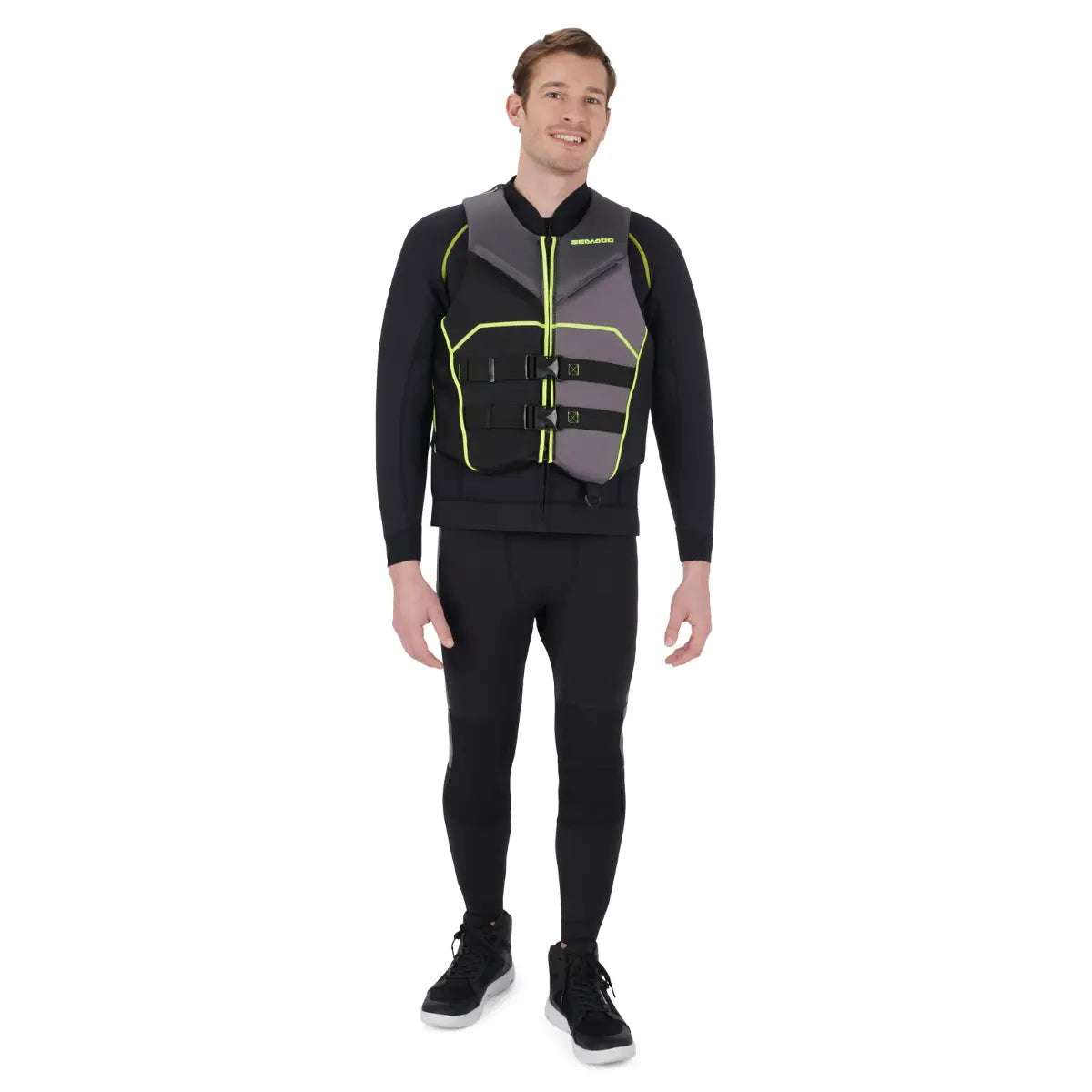 Sea-Doo Freedom PFD Black life jacket with neon-yellow piping and three buckles.