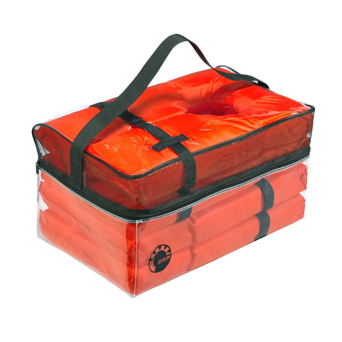 Sea-Doo BRP Type II Adult Life Jackets 4-Pack in bright orange, stored in a clear carrying tote with black handles