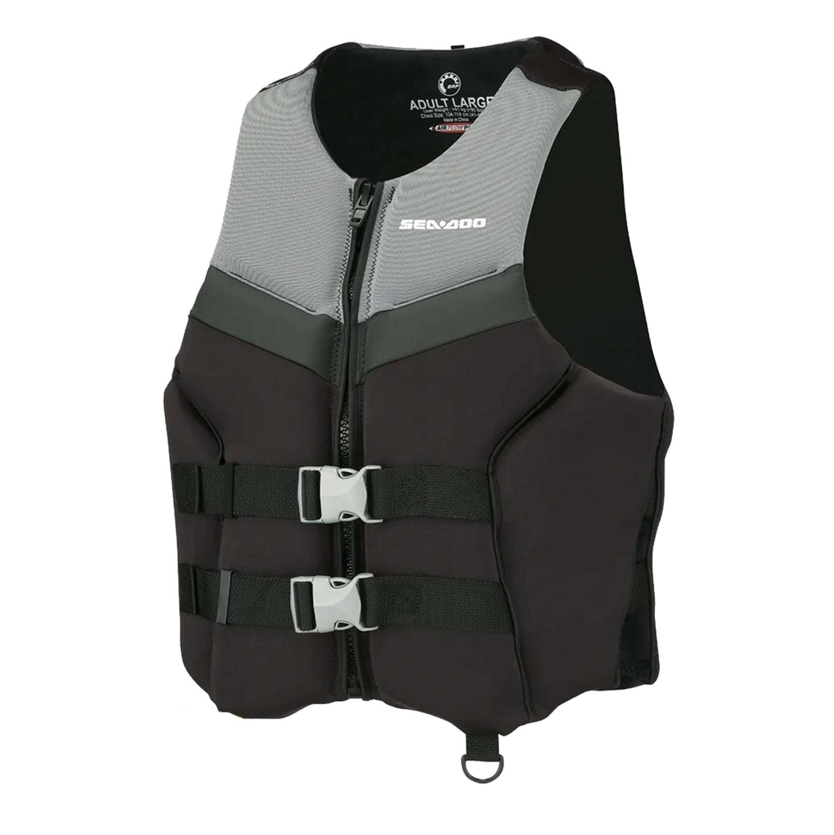 Sea-Doo Airflow Life Jacket Gray PFD with dual buckle straps and front zipper