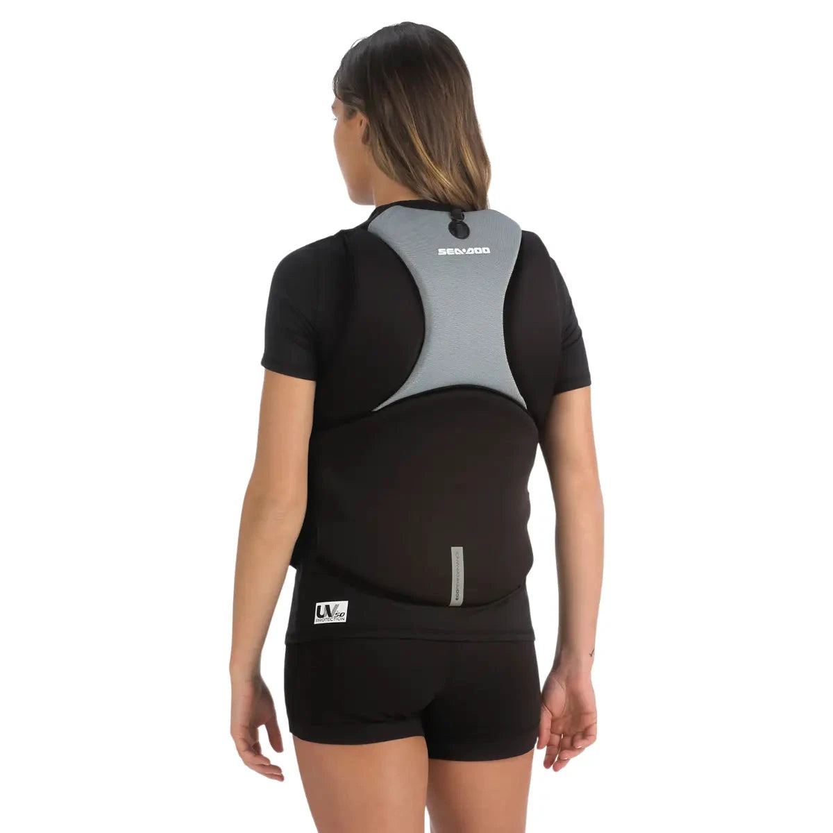 Sea-Doo Airflow PFD gray life jacket, back view on a person with gray shoulder panel and Sea-Doo logo.