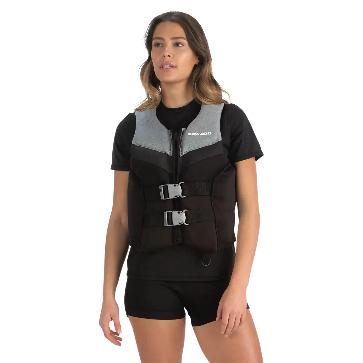 Sea-Doo Airflow Life Jacket Gray PFD with three front buckles