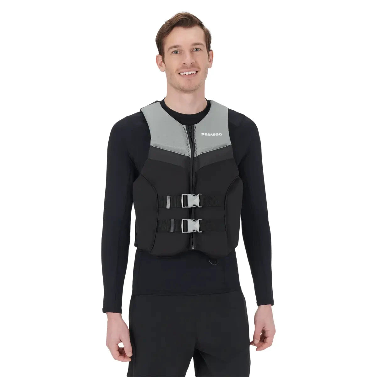 Sea-Doo Airflow life jacket gray with dual front buckle closures.