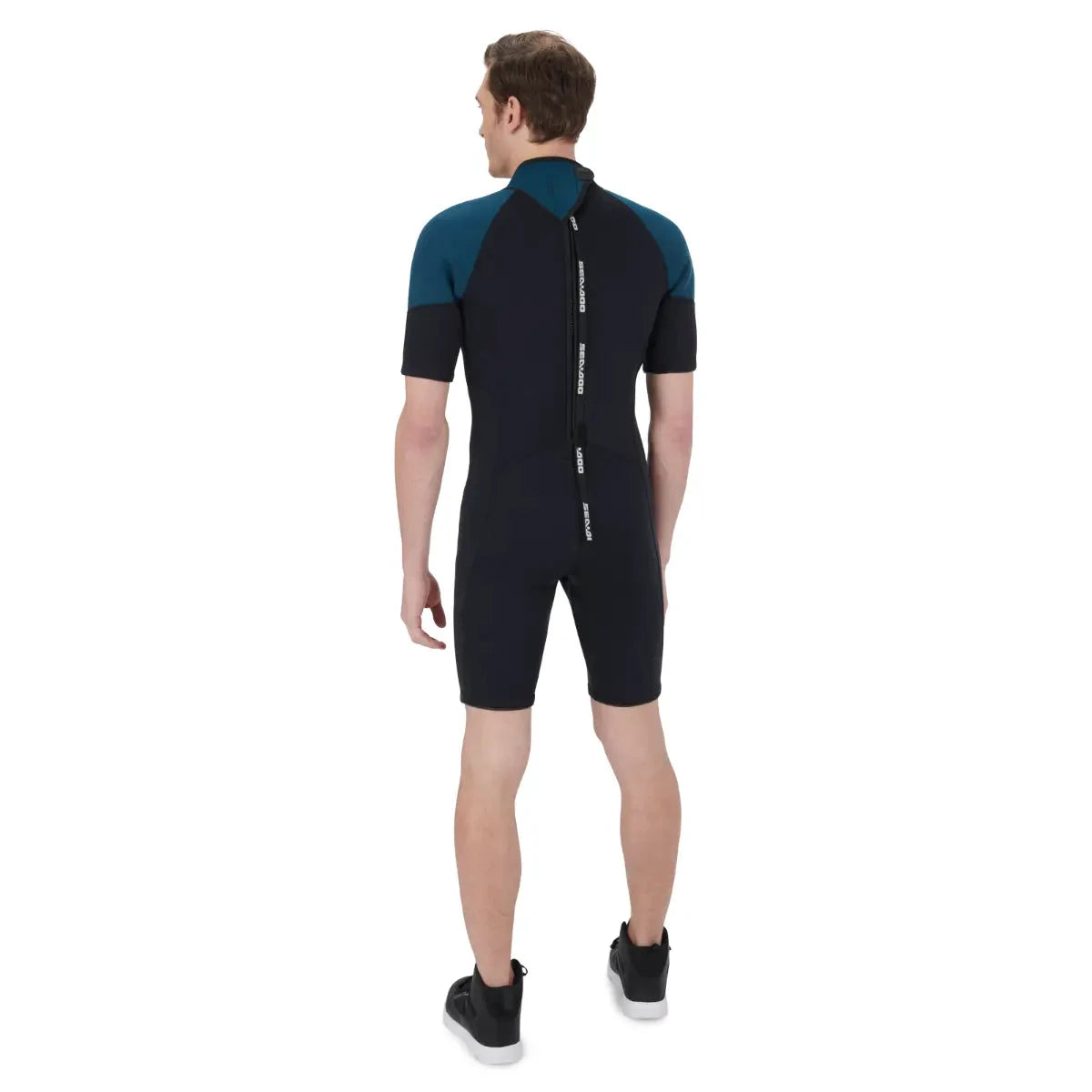 Sea-Doo BRP men's 3 mm Escape shorty wetsuit with teal sleeves and back zipper