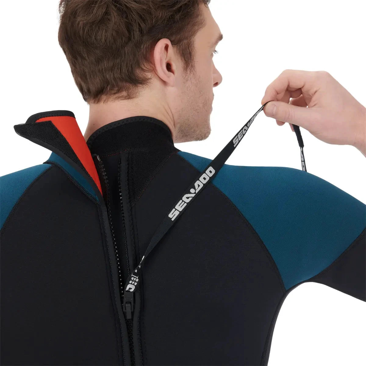 Sea-Doo men's 3mm Escape shorty wetsuit riding gear with back zipper and blue shoulder panels