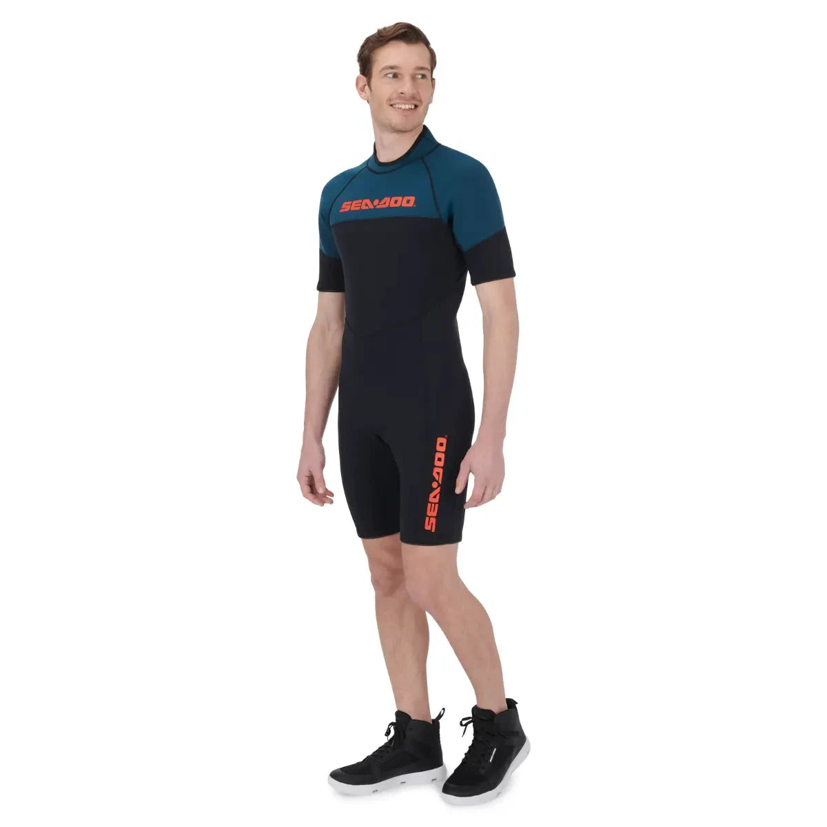 Sea-Doo men's 3 mm Escape shorty wetsuit in teal and black with orange logo