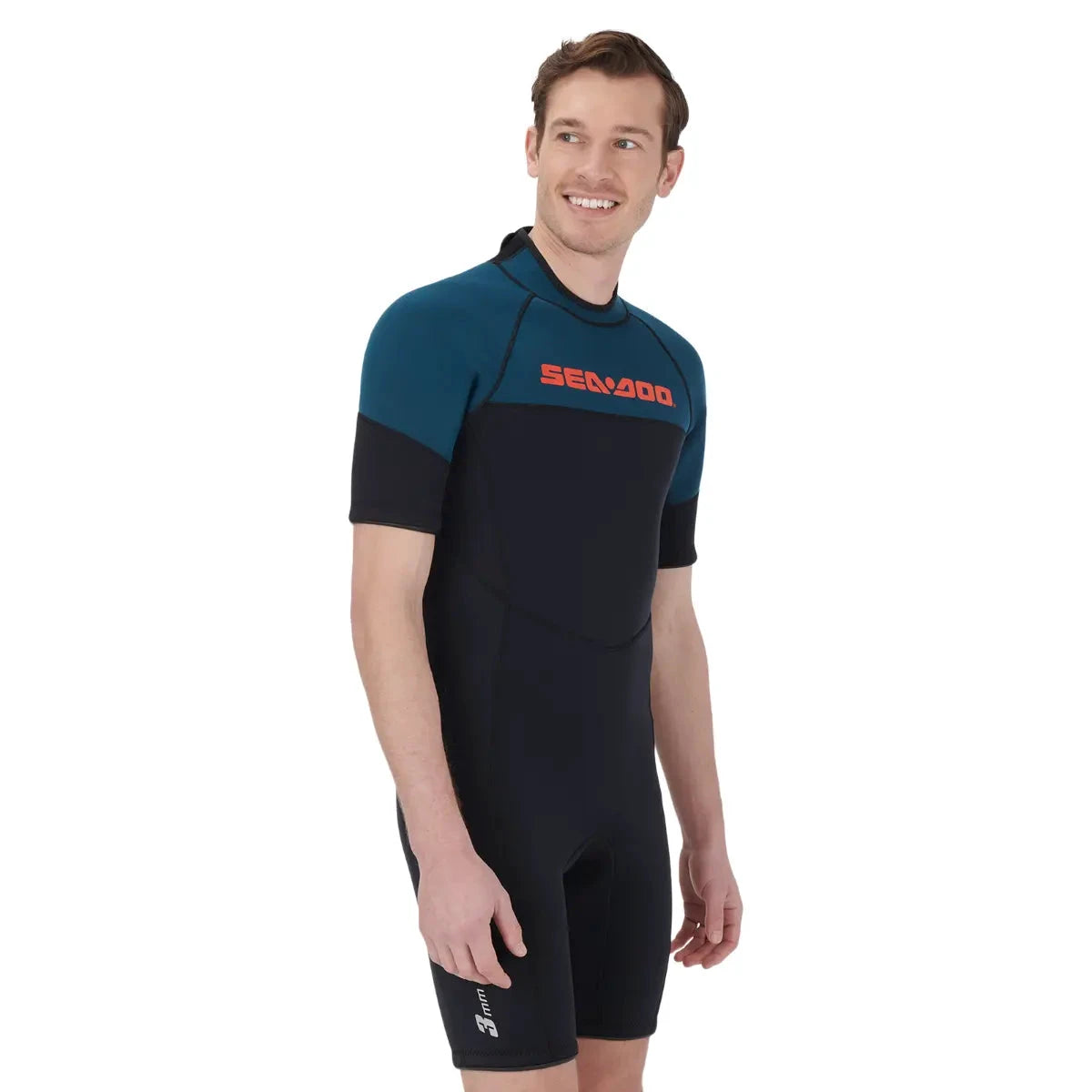 Sea-Doo men's 3mm Escape shorty wetsuit in teal and black with Sea-Doo logo on chest