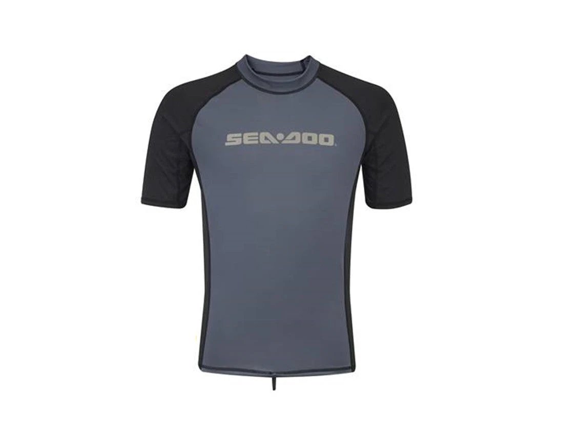 Sea-Doo men's signature short-sleeve rashguard, gray body with black sleeves, SPF 50+ UV Lycra riding gear
