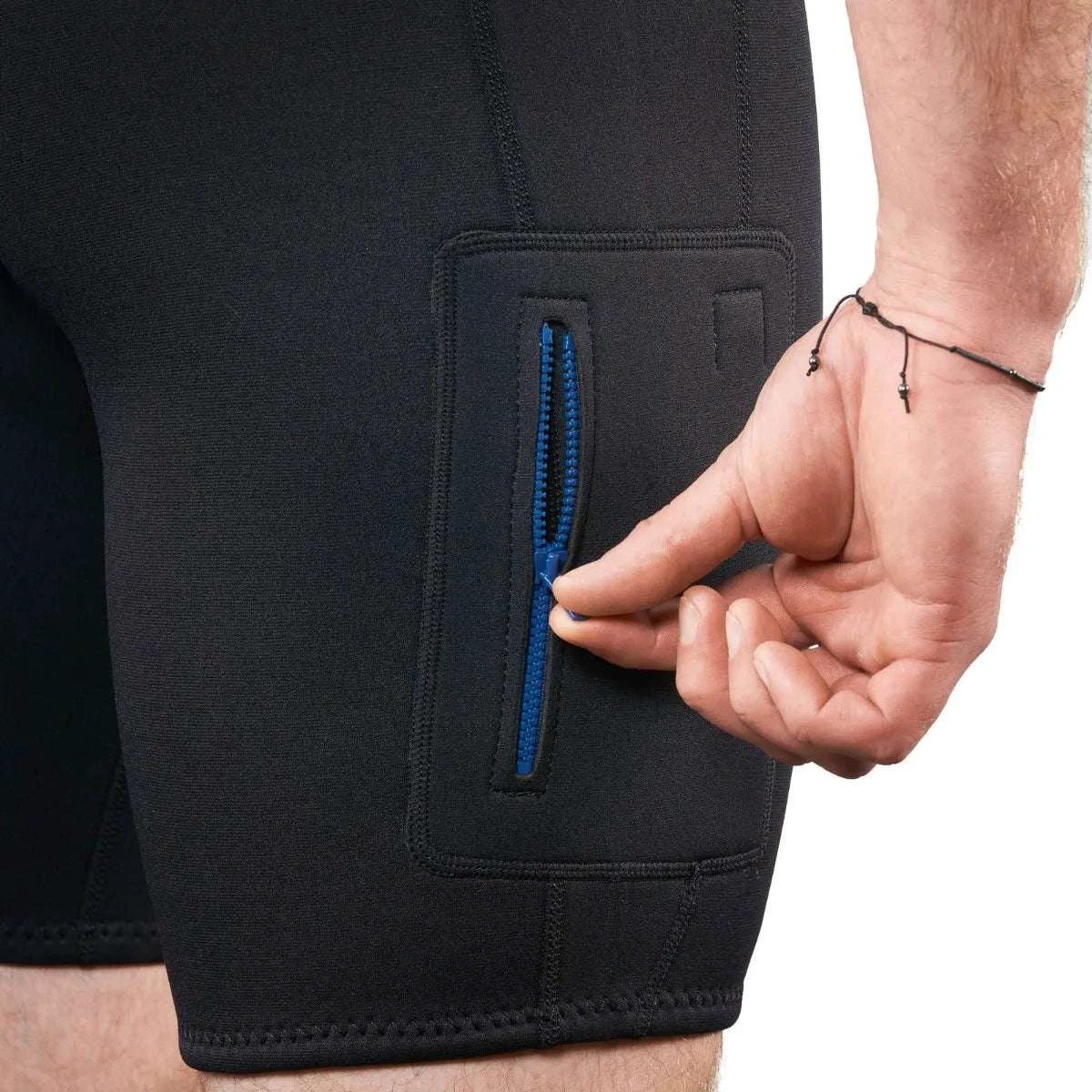 Sea-Doo men's neoprene riding shorts with blue thigh zip pocket