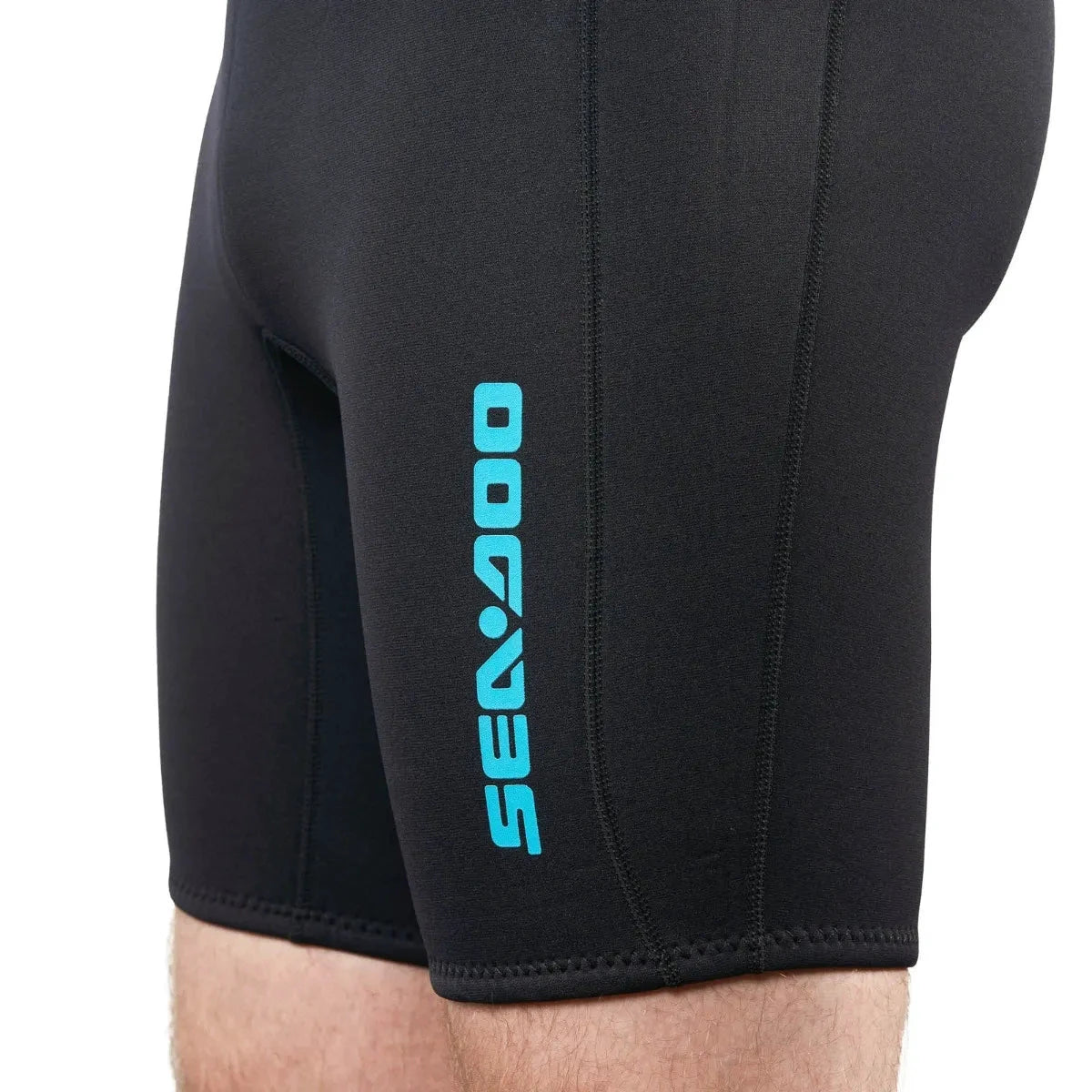 Sea-Doo men's neoprene shorts, black wetsuit shorts with turquoise SEA-DOO logo on the leg.