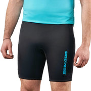 Sea-Doo men's neoprene shorts black with turquoise logo on thigh, riding gear wetsuit