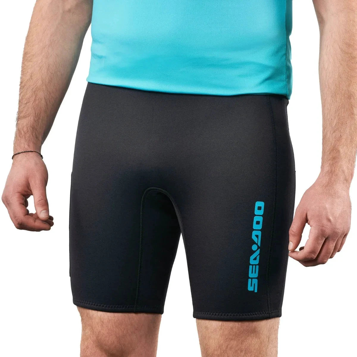 Sea-Doo men's neoprene shorts black with turquoise logo on thigh, riding gear wetsuit