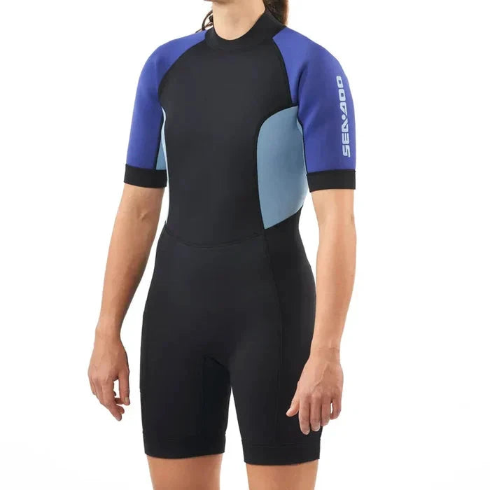 Sea-Doo Women's Exotic 3mm shorty wetsuit; black body with blue sleeves and Sea-Doo branding.