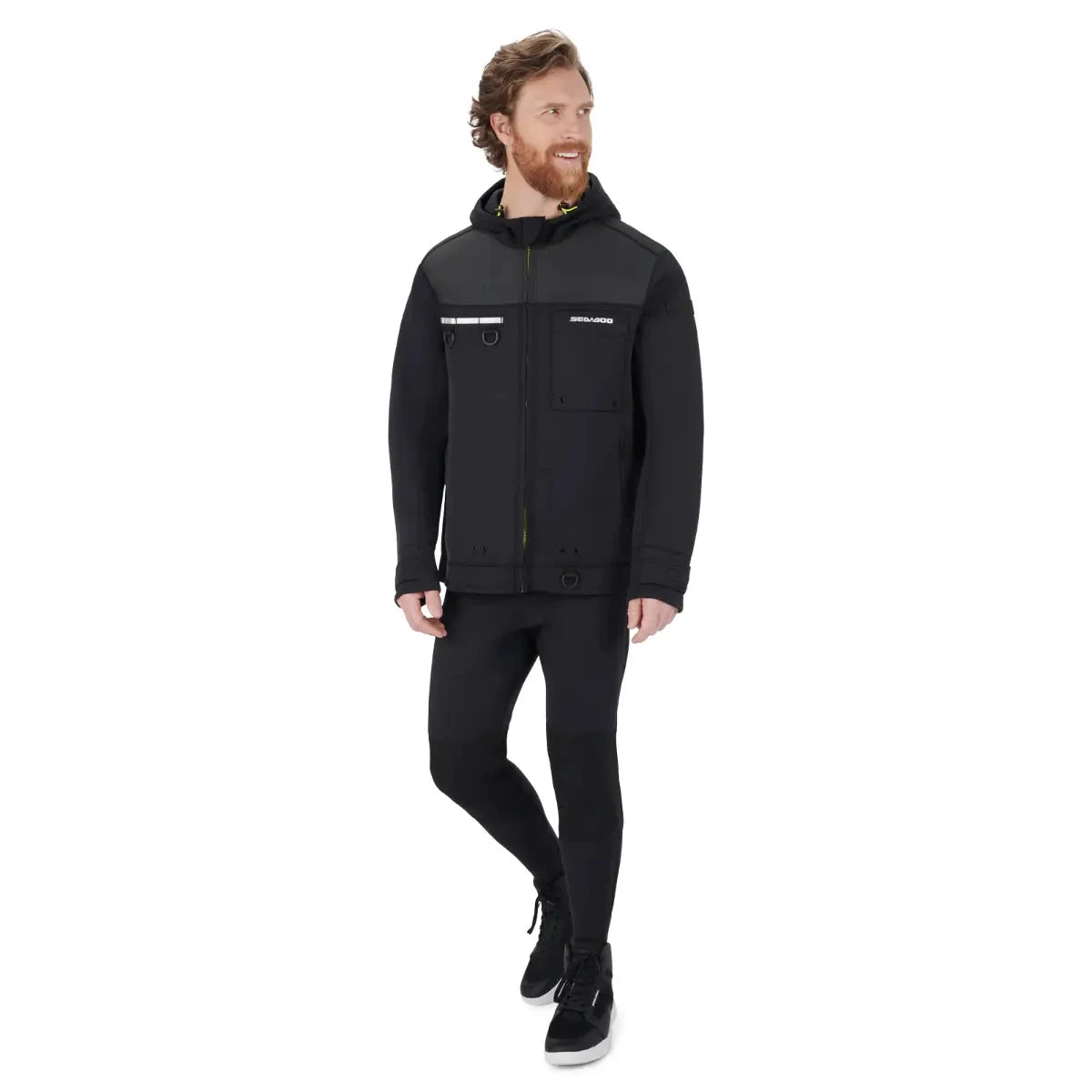 Sea-Doo men's neoprene explorer riding jacket in black with gray chest panel, BRP riding gear.