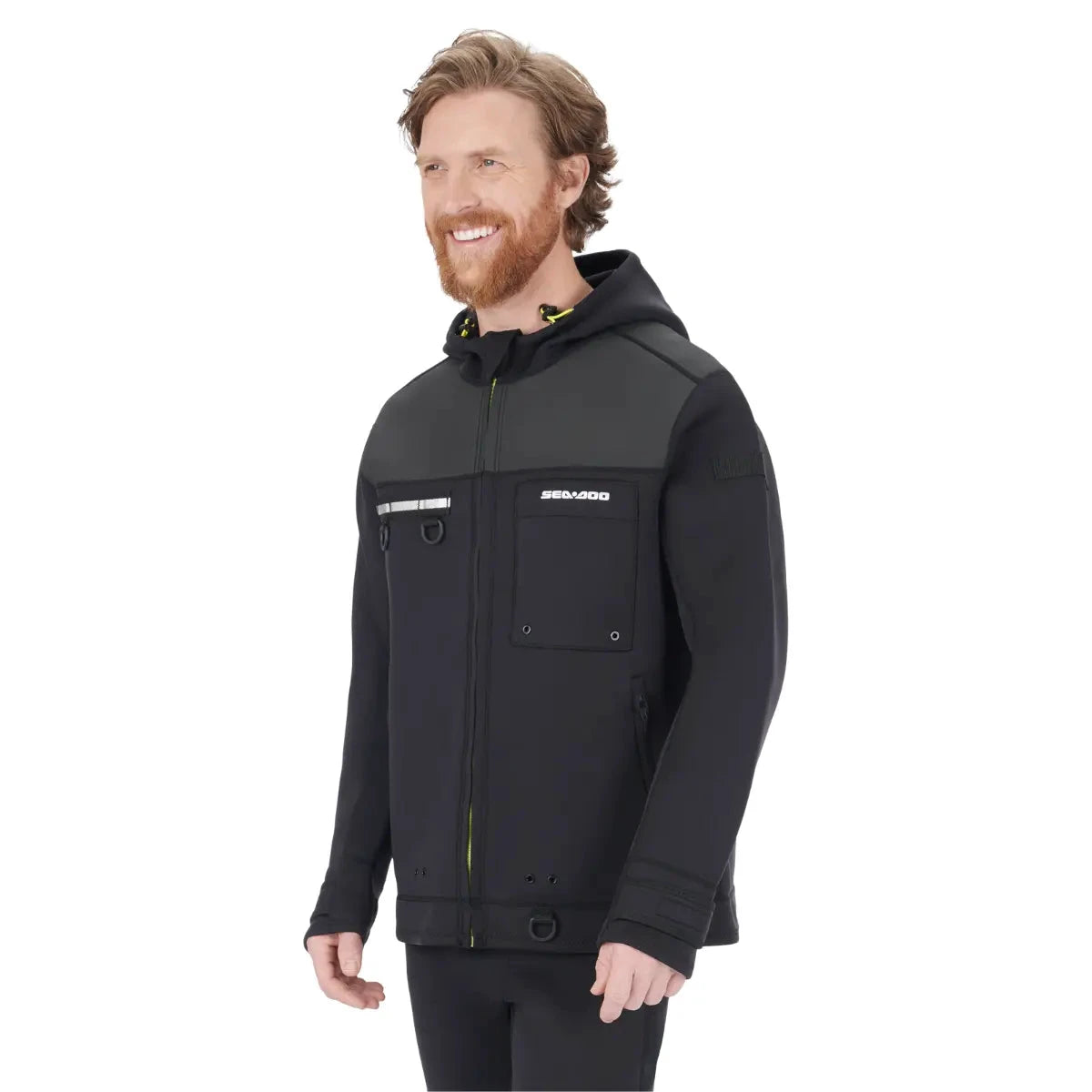 Sea-Doo men's neoprene explorer riding jacket, black with gray panels and hood
