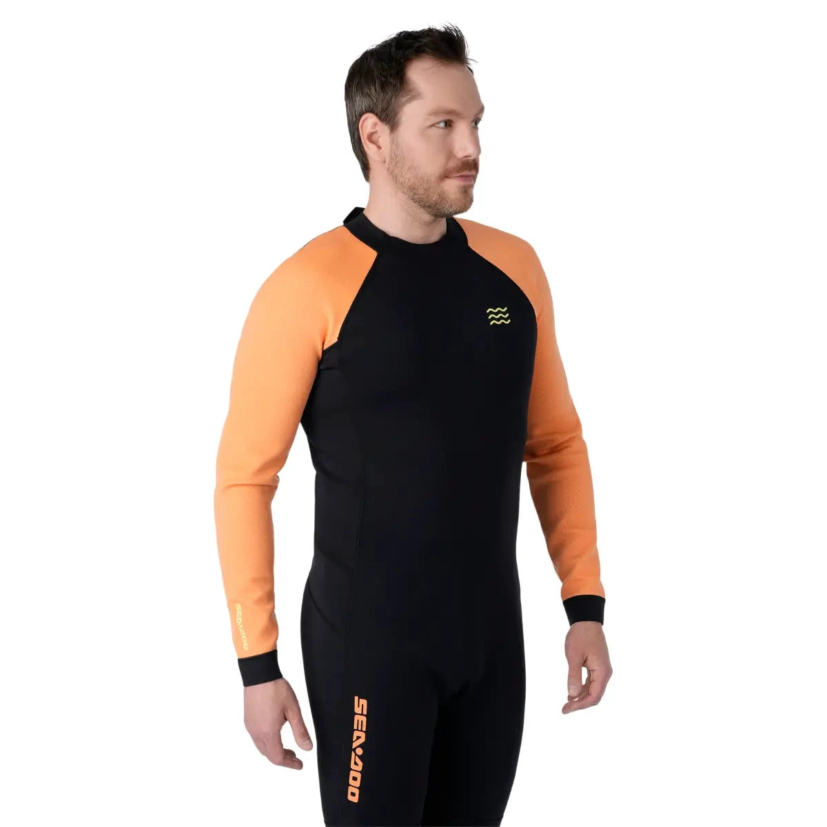 Sea-Doo men's 2 mm neoprene shorty wetsuit by BRP; black body with orange sleeves and Sea-Doo logo on thigh.