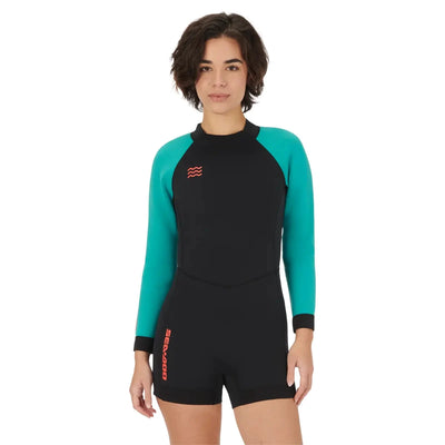Sea-Doo women's 2mm exotic neoprene shorty wetsuit with black body and turquoise sleeves