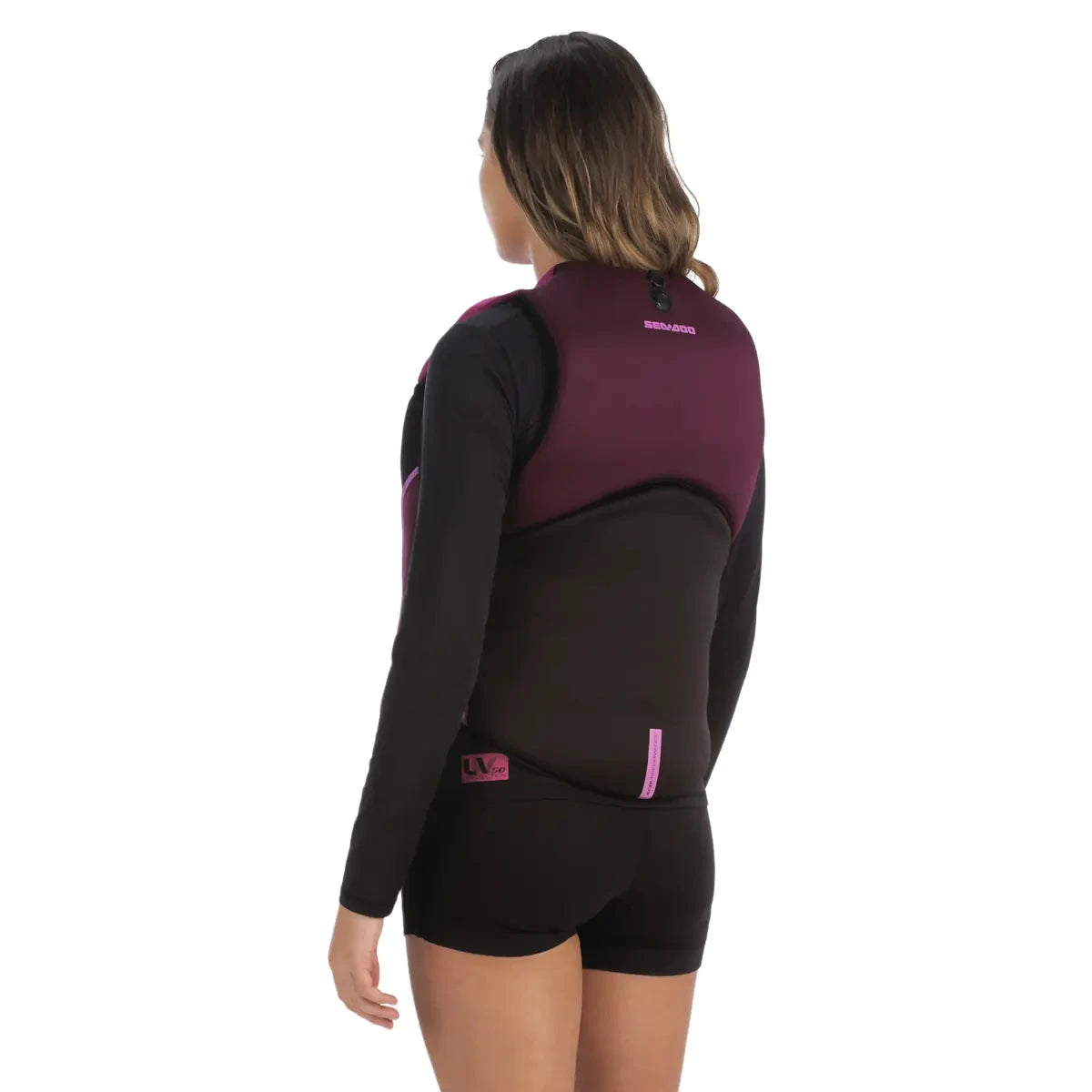 Sea-Doo Freedom Stream PFD Life Jacket Lava Red worn by a model, back view.
