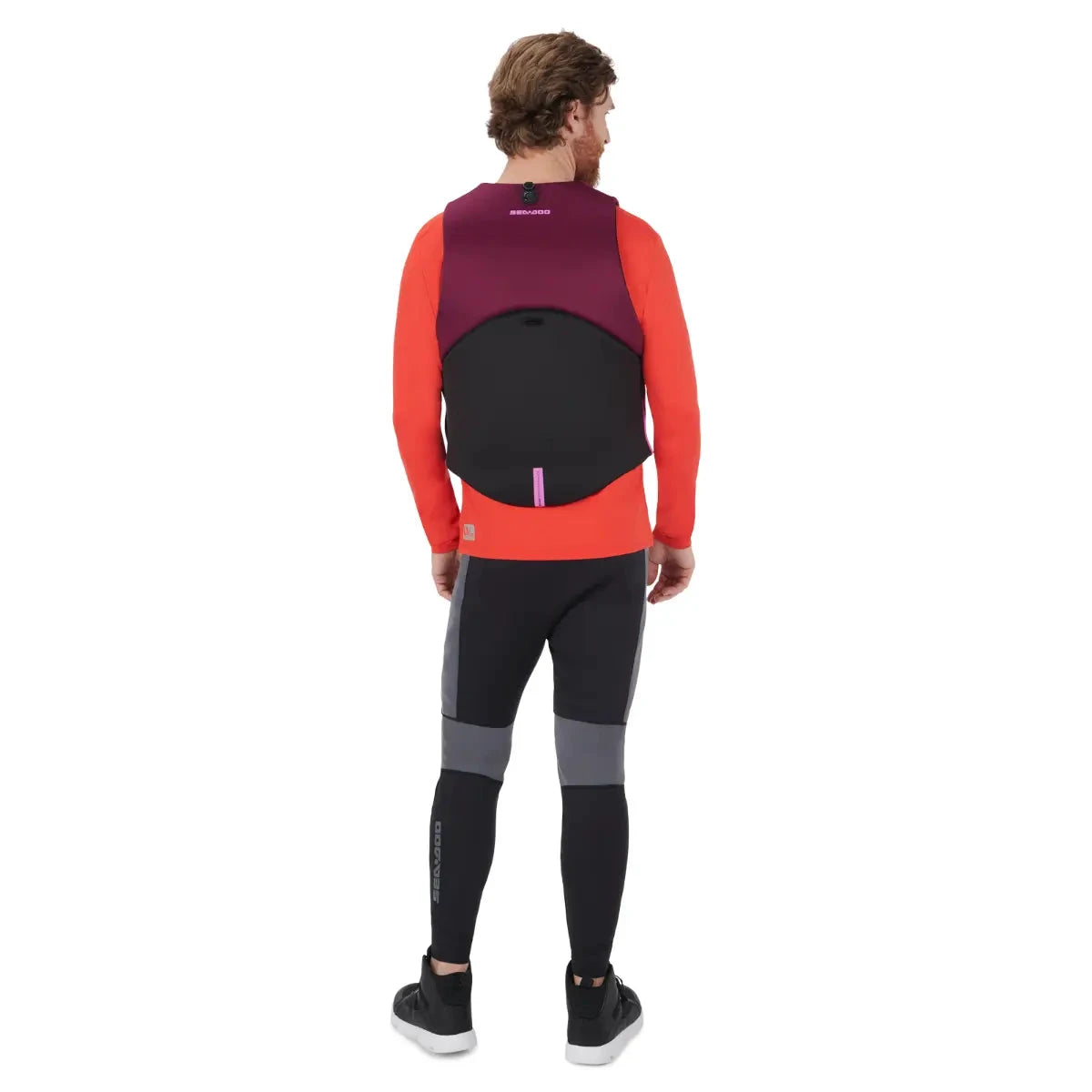 Sea-Doo Freedom Stream PFD Life Jacket Lava Red by BRP, worn by a person