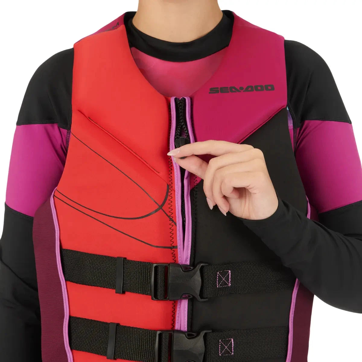 Sea-Doo Freedom Stream PFD Life Jacket Lava Red with purple zipper and black waist straps