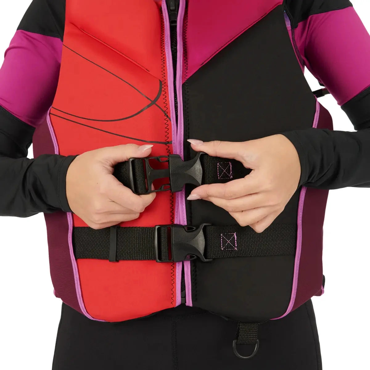 Sea-Doo Freedom Stream PFD life jacket in lava red with black panels and purple trim