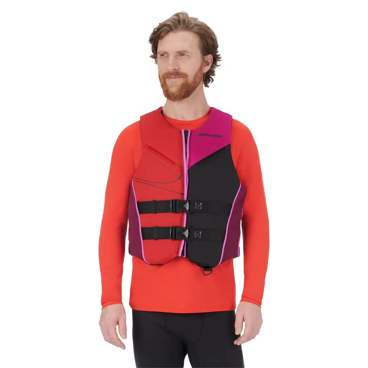 Sea-Doo Freedom Stream PFD life jacket Lava Red with black panels and triple-buckle closure