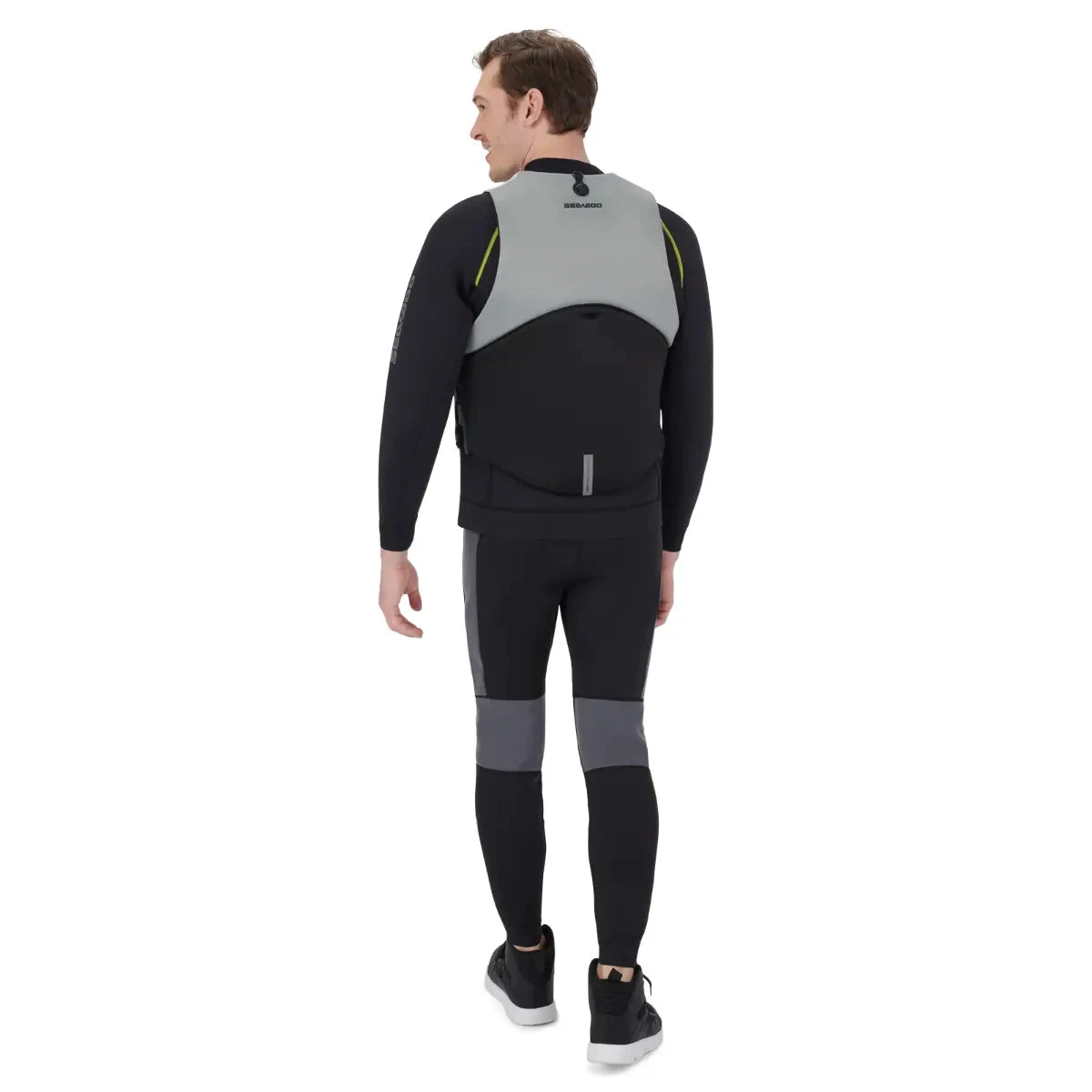 Sea-Doo Freedom Stream PFD Life Jacket by BRP; black and gray, back view.
