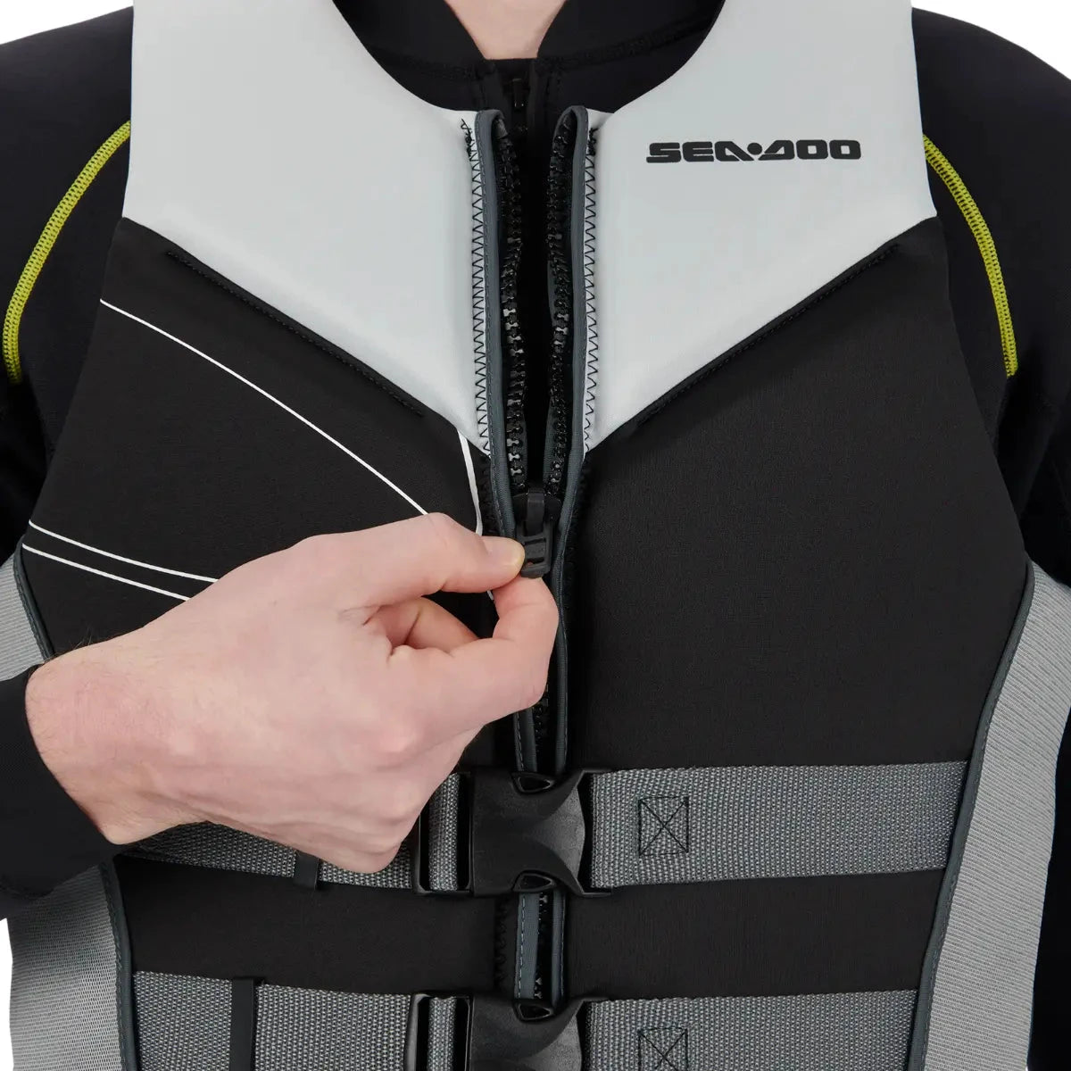 Sea-Doo Freedom Stream PFD Life Jacket in black and grey with lime accents