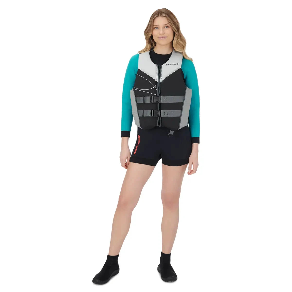Sea-Doo Freedom Stream Life Jacket, black with gray panels and teal sleeves