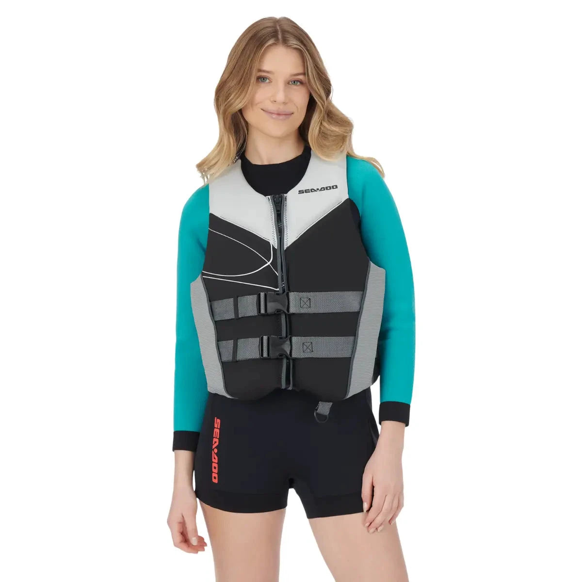 Sea-Doo Freedom Stream Life Jacket Black with gray panels and three-buckle front closure