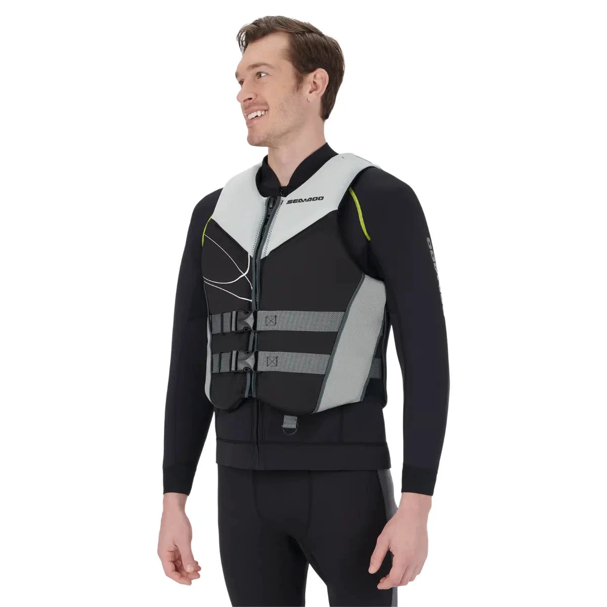 Sea-Doo Freedom Stream PFD Life Jacket in black with gray panels and 3 buckles