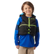 Sea-Doo Unisex Kids Freedom PFD life jacket in black with neon-yellow zipper trim, worn by a child.