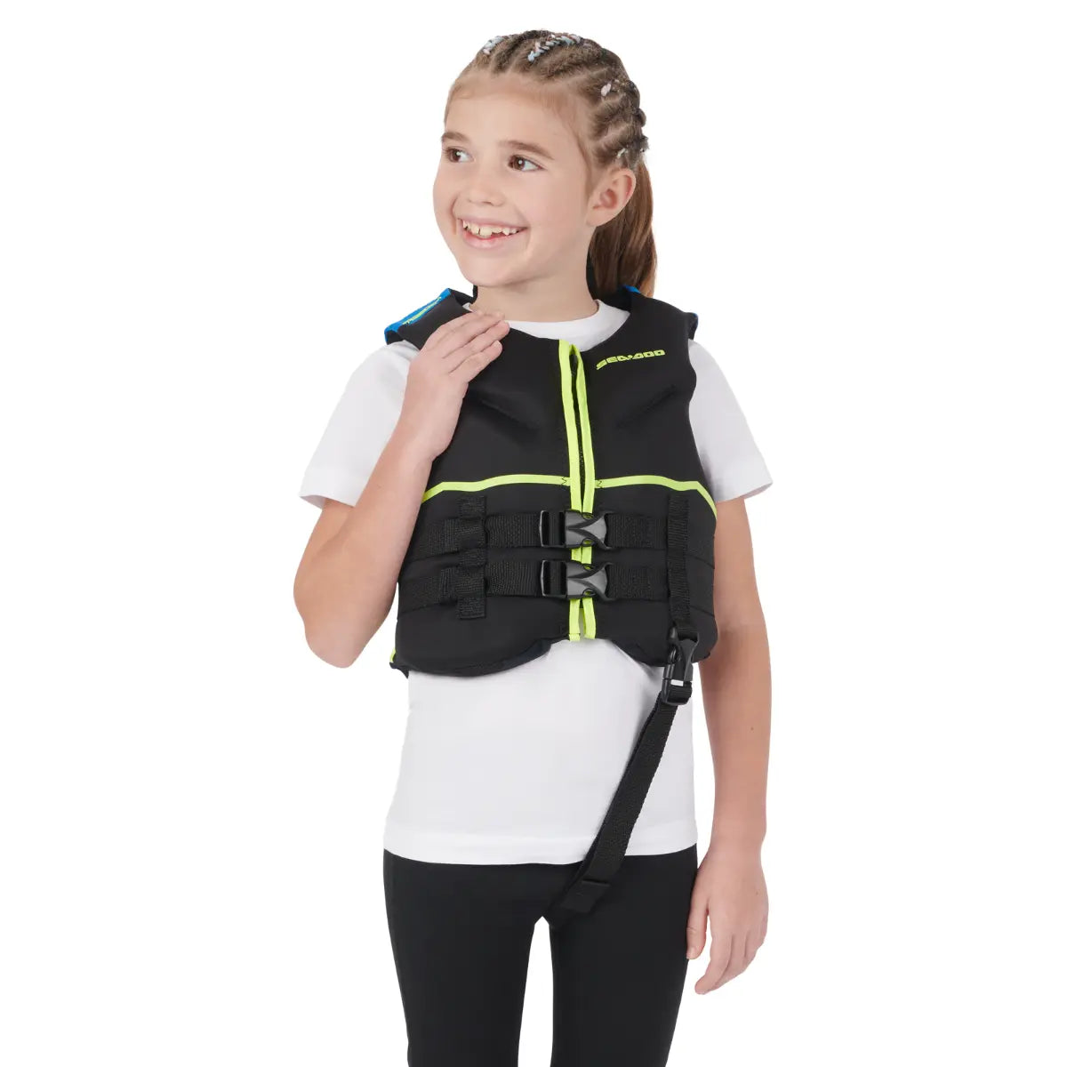 Sea-Doo kids’ Freedom PFD life jacket, black with neon lime accents and adjustable buckled straps, 33–55 lb