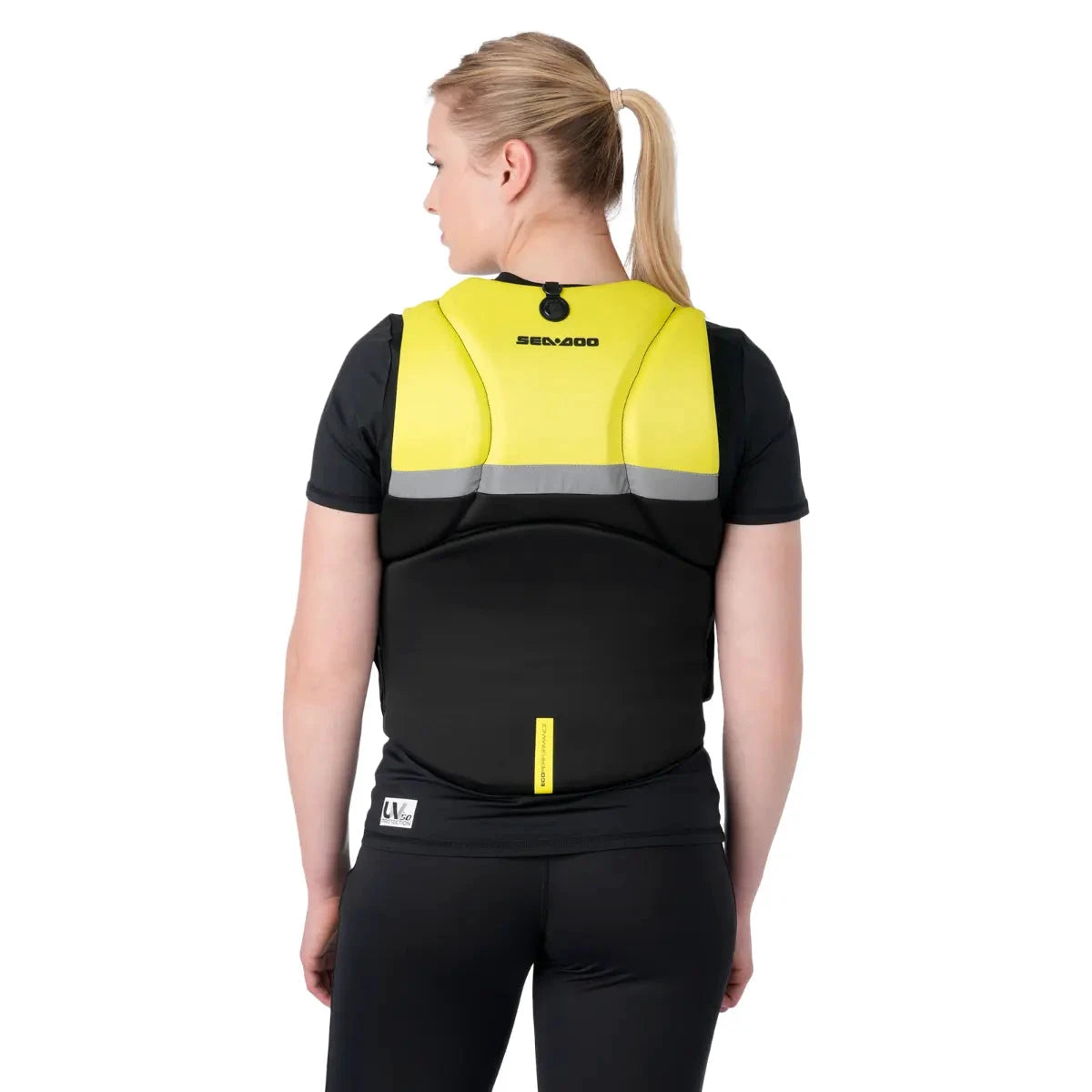 Sea-Doo Explorer Airflow PFD Life Jacket, black with neon yellow shoulders and reflective gray stripe