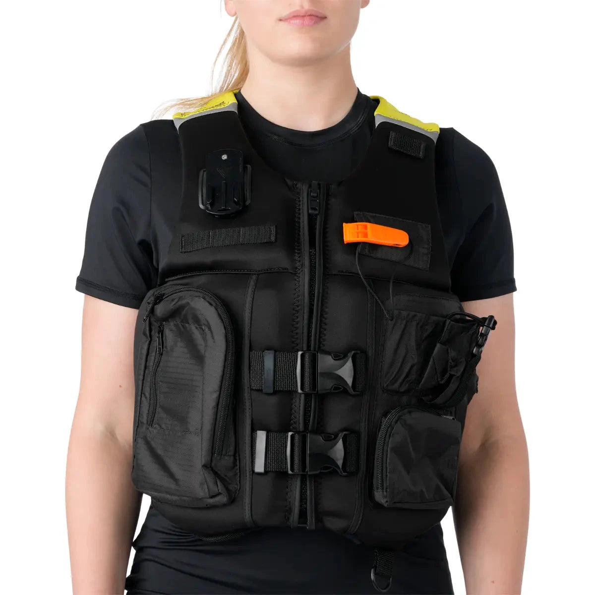 Sea-Doo unisex Explorer Airflow PFD life vest, black with yellow shoulder trim and multiple pockets