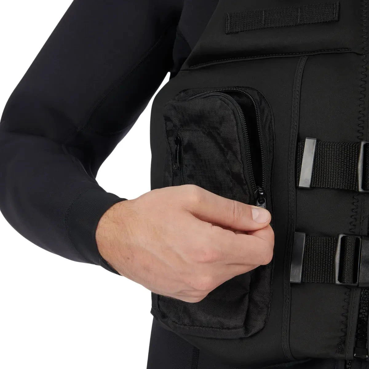 Sea-Doo Explorer Airflow PFD life vest in black with zippered pocket and adjustable straps.