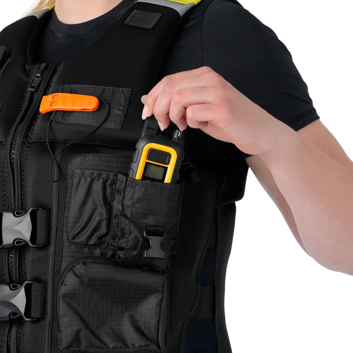 Sea-Doo Unisex Explorer Airflow PFD life vest in black with multiple pockets and orange whistle clip.