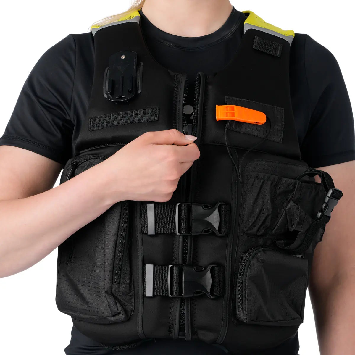 Sea-Doo Explorer Airflow PFD life vest, black with orange whistle clip and front buckles