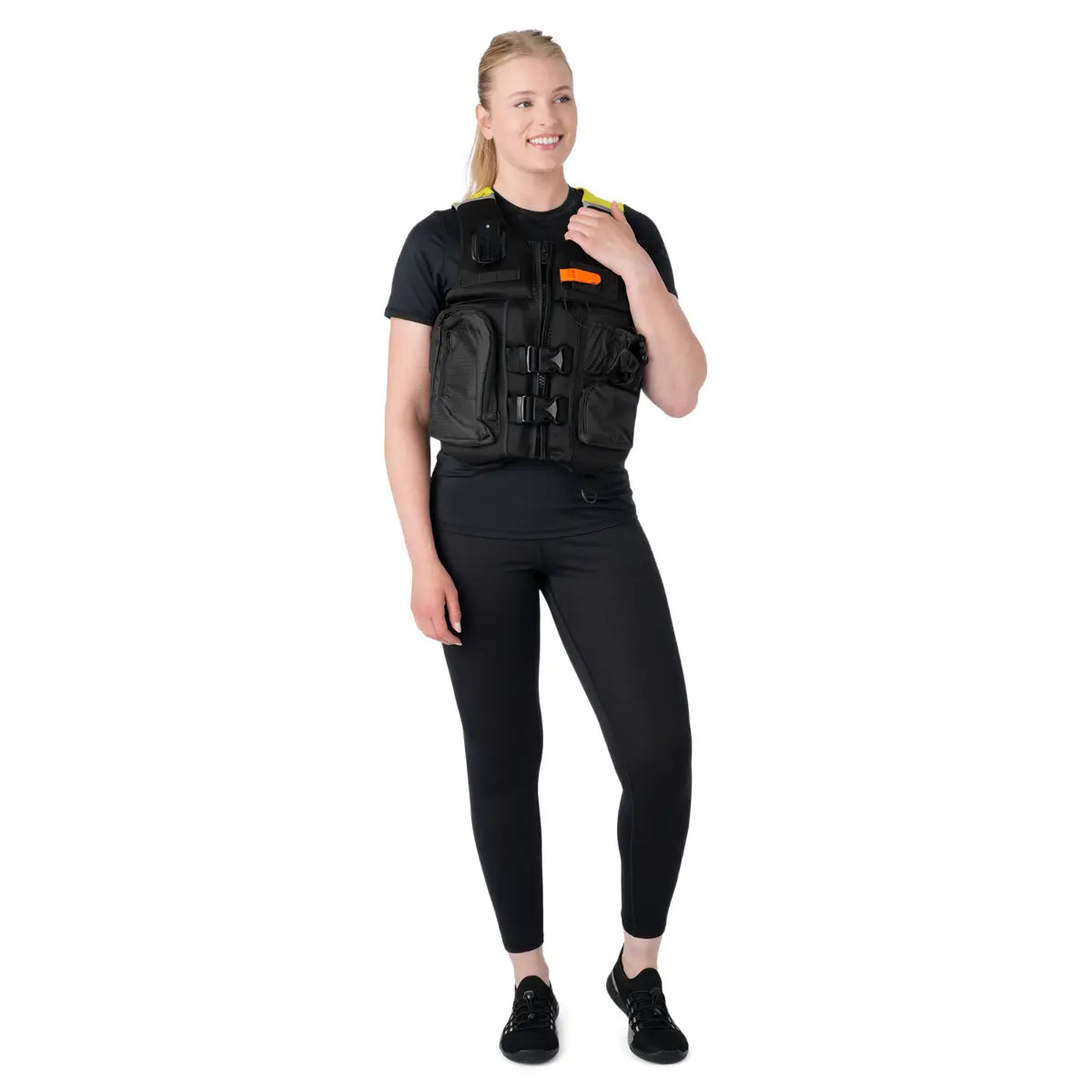 Sea-Doo Explorer Airflow PFD life vest, unisex, black with yellow accents and multiple front pockets.