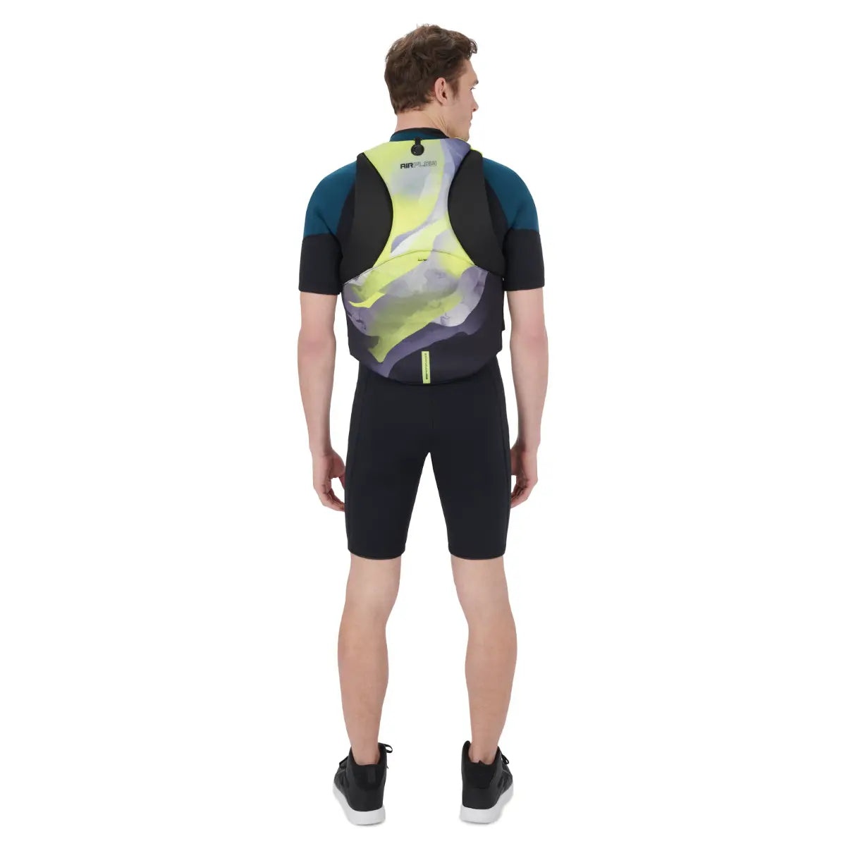 Sea-Doo Airflow Sunset Edition life jacket, yellow with purple accents, back view.