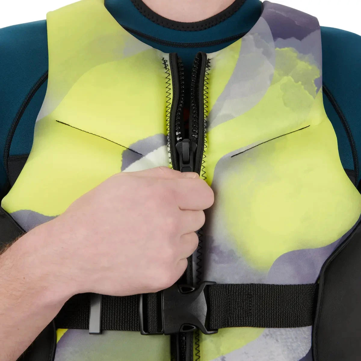 Sea-Doo Airflow Sunset Edition life jacket, neon yellow camo PFD with front zipper and waist belt